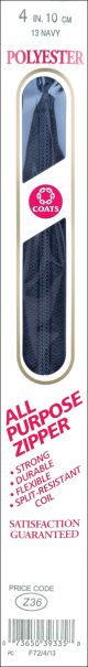 Coats All Purpose Plastic Zipper 4 inch Navy
