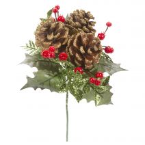 Pinecone And Holly Pick With Glitter 8 Inches