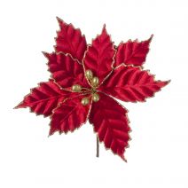 Christmas Floral Red Velvet Poinsettia Pick With Gold Glitter