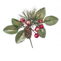 Christmas Green Gold Pick With Berry And Pinecones Glitter 6.3 X 2.76Inches