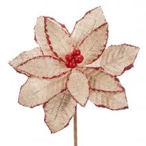 Burlap Poinsettia Pick Glitter Red And Natural 8 Inches